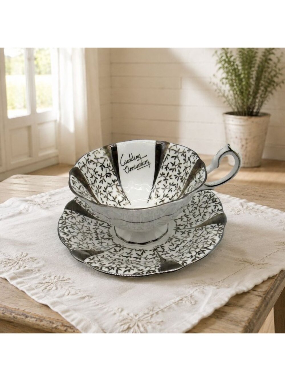 Queen Anne Silver Lace Wedding Anniversary Cup And Saucer England Leaf Design